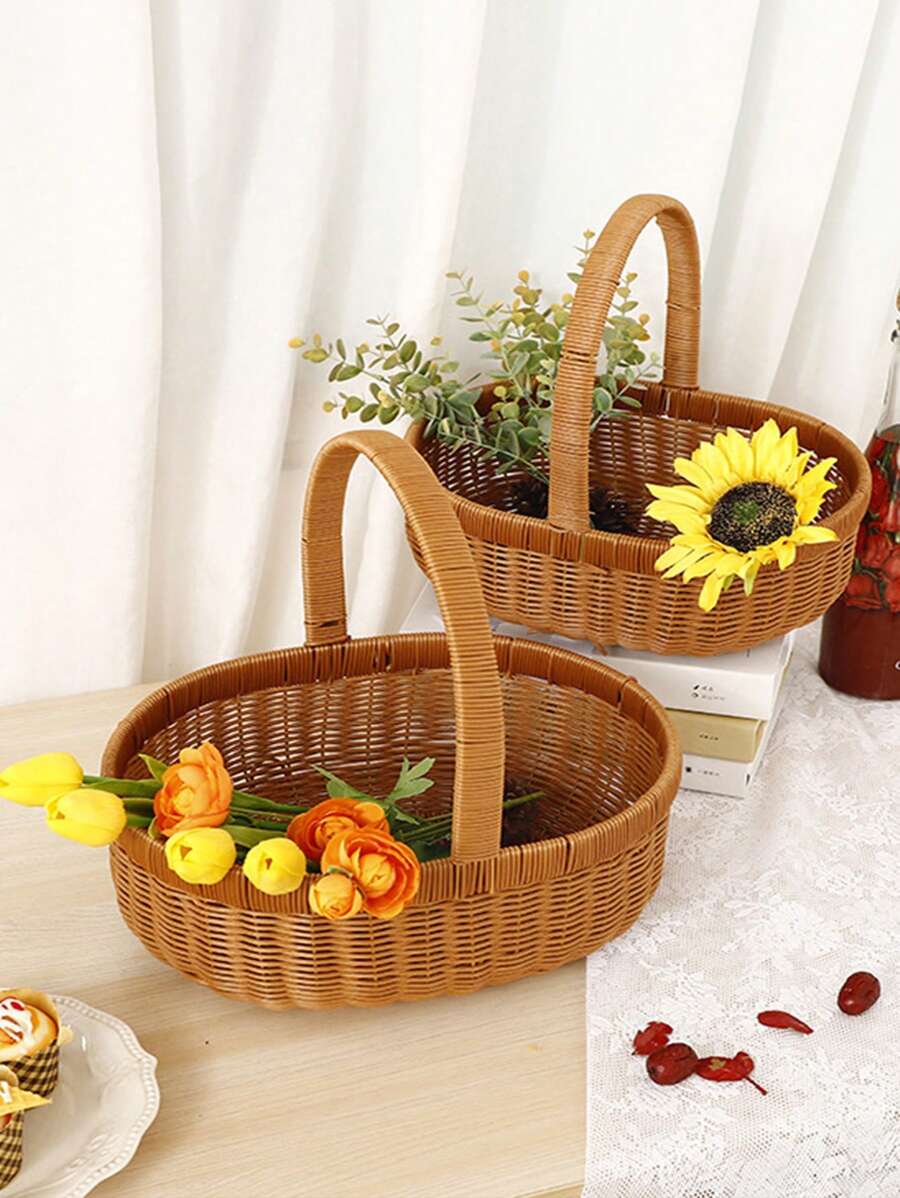 1pc Woven Basket, Faux Rattan Shopping Basket, Egg Basket, Hand Wicker Basket, Portable Basket, Picnic Basket, Fruit Basket For Travel