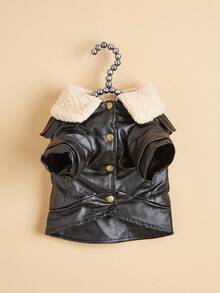 貓狗寵物用品,1件底座帶鉚釘和羊毛里料的朋克風黑色仿皮夾克