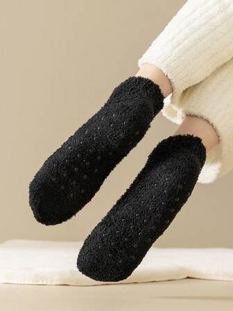 3pairs Women's Random Color Thickened Slip-Resistant Fluffy Socks, Suitable For Daily Wear In Winter, Cozy