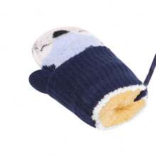 1 Pair Cartoon Fox Jacquard Warm Gloves With Neck String, Thick Plush Knitted Gloves With Soft Lining, Winter Full Finger Mittens For 2-4y Boys And Girls - Navy Blue - View 5
