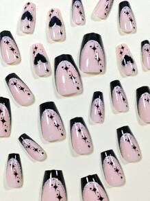 Verändern Sie Ihren Look mit einem Set von 24 Stück künstliche Fingernägel in kurzer Sargform, einfachem französischem Stil mit rosa und schwarzer Randglitzerung. Geeignet für Partys, Tanzen und den täglichen Gebrauch sowie für Nagelbedarf.