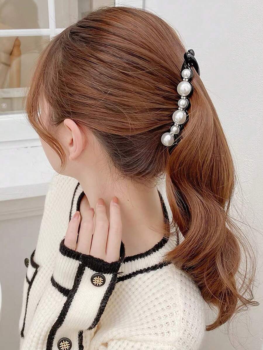 优雅 1 件仿珍珠和水钻装饰香蕉发夹蝴蝶结 - 黑色 - 查看 1