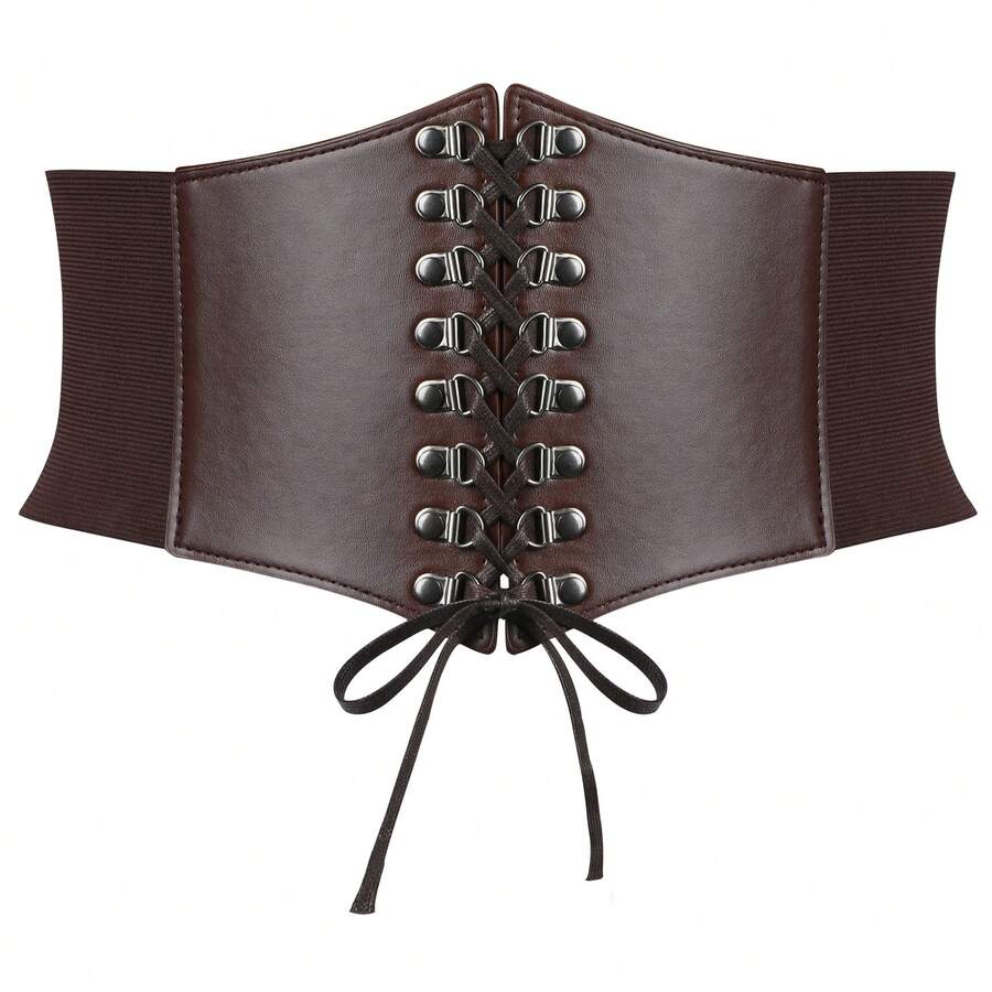 1件女士純色pu身形連身腰帶,彈性材料,適合婚禮和節日裝扮 - 咖啡 - 查看 1