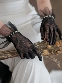 1 双手工制作的仿珍珠和蕾丝新娘手套，适合婚礼、舞会、万圣节女巫情人节秋季女士服装 - 黑色 - 查看 4
