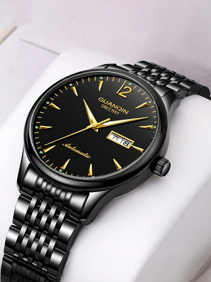 GUANQIN 觀琴男士不銹鋼機械手錶帶日曆指針夜光功能適合日常佩戴裝飾 - 黑色 - 查看 1