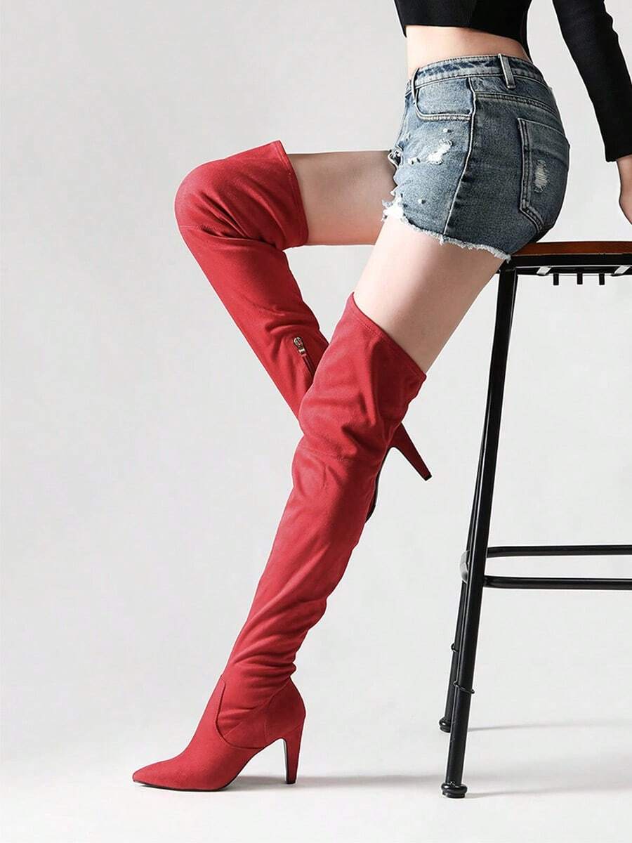 Women's Fashion Pointed Toe High Heel Over-The-Knee Boots, Slim High Heel Side Zipper Pleated Women Boots For Autumn Winter Party And Daily Wearing - 紅色 - 查看 1