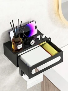 浴室免打孔紙巾架濕紙巾盒浴室手機盒抽屜式置物架追劇神器紙巾盒 - 黑色 - 查看 1