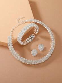 1set/4pcs Girls' Luxury Double-Row Anti-Allergic Rhinestone Silver Collar Bracelet Earrings Wedding Accessories Combo, Elegant And Beautiful Jewelry Set For Festivals, Parties & Events - Silver - View 1