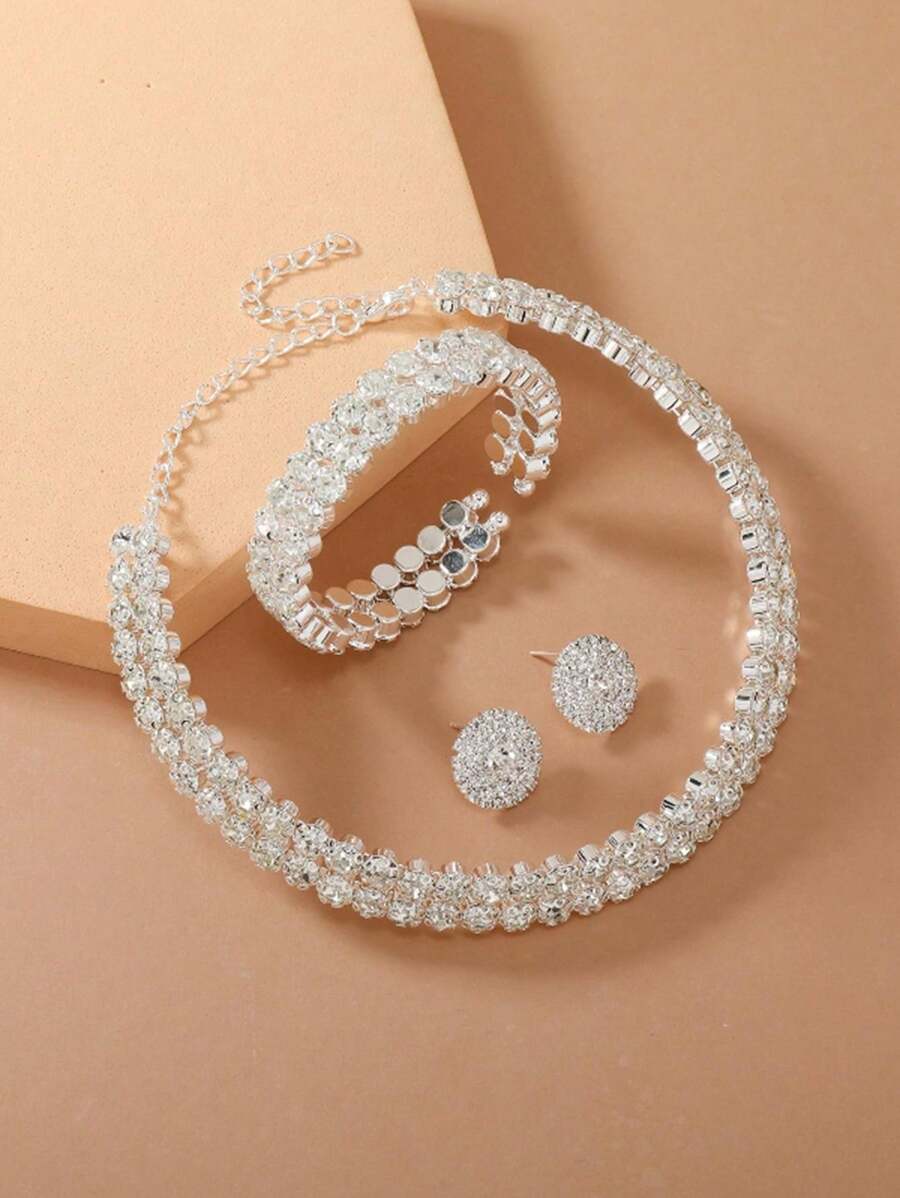 1set/4pcs Girls' Luxury Double-Row Anti-Allergic Rhinestone Silver Collar Bracelet Earrings Wedding Accessories Combo, Elegant And Beautiful Jewelry Set For Festivals, Parties & Events - Silver - View 1
