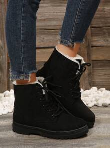 Bottes De Neige Courtes Noires À Lacets Pour Femmes En Hiver Avec Doublure Pour La Chaleur Et La Résistance Au Glissement