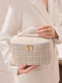 極簡風格大容量女士化妝包,ins風格化妝袋,旅行化妝組織盒,適用於家庭或旅行 - 米色 - 查看 2