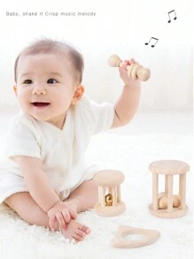 4pcs Wooden Baby Rattle Toys With Bell, Natural Wood Teething Toys Set - Apricot - View 5