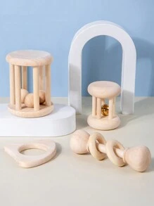 4pcs Wooden Baby Rattle Toys With Bell, Natural Wood Teething Toys Set - Apricot - View 4