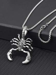 1入復古通用極簡朋克風格鋅合金中空蝎子吊墜不鏽鋼鏈項鍊,適用於男性參加節日、派對和街頭時尚 - 銀色 - 查看 2