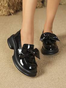 女式蝴蝶結厚底便鞋,新款隱形增高pu皮鞋,英式黑色平底懶人鞋,適合身高較矮者 - 黑色 - 查看 4