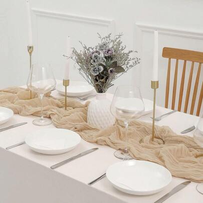 1pc Beige Cheesecloth Tablecloth, Bohemian Gauze Cheese Cloth Tablecloth, Rustic Transparent Table Cover For Wedding, Bridal Shower, Birthday, Or Holiday Party Decoration, Romantic Table Skirt For Event Decor