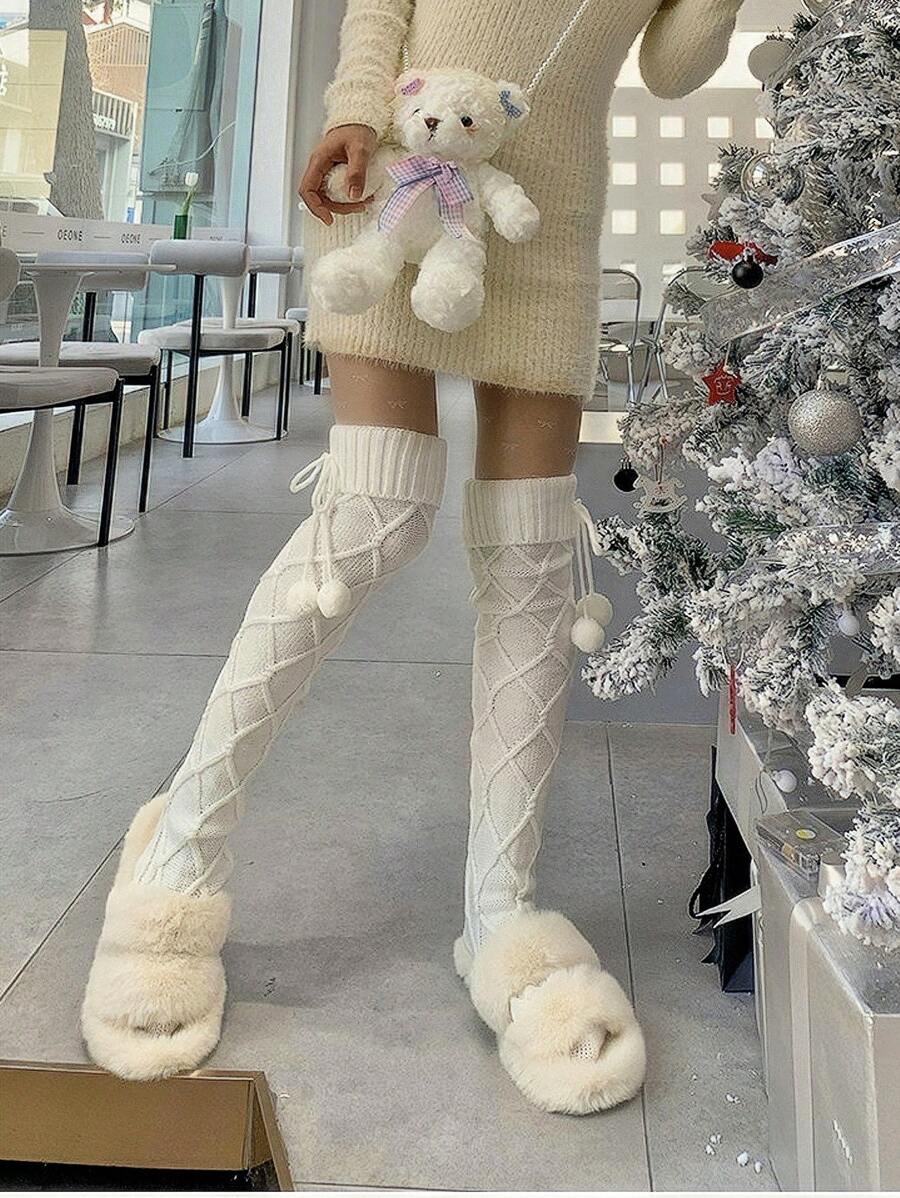 1 雙女用洛麗塔風格長針織襪,帶聖誕球和扭曲圖案,過膝,休閒裝 - 白色 - 查看 1