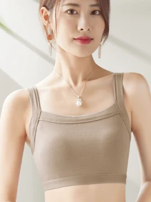 女士固定衬垫运动文胸 无钢圈无缝抹胸卡其色