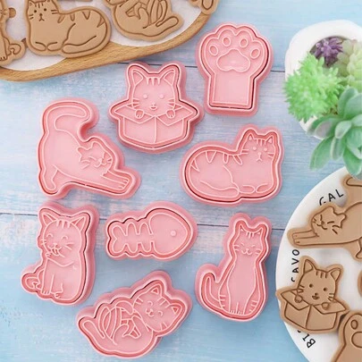 8 piezas Cortadores de galletas con diseño de gato adorable, molde de galletas con forma 3D de gato con estilo de prensado, molde para cortar masa fondant y pastelería, 1 caja con 8 cortadores de galletas