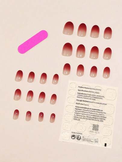 24個 ショート 楕円形 形 グラデーション ワイン レッド 色 ネイルチップ 1個 バフ研磨 ファイル と 1個 ゼリー 接着剤付き