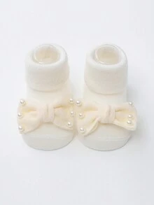 4雙/包 嬰兒女孩公主蝴蝶結裝飾防滑地板襪,純色中筒襪 - 彩色 - 查看 5