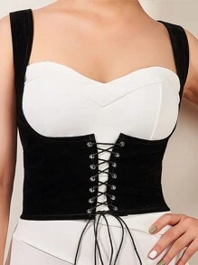 1pc Ladies' Hollow Out Thin Strap Corset Waistband With Suspenders For Street Fashion & Daily Wear, Pd576 - Black - View 1