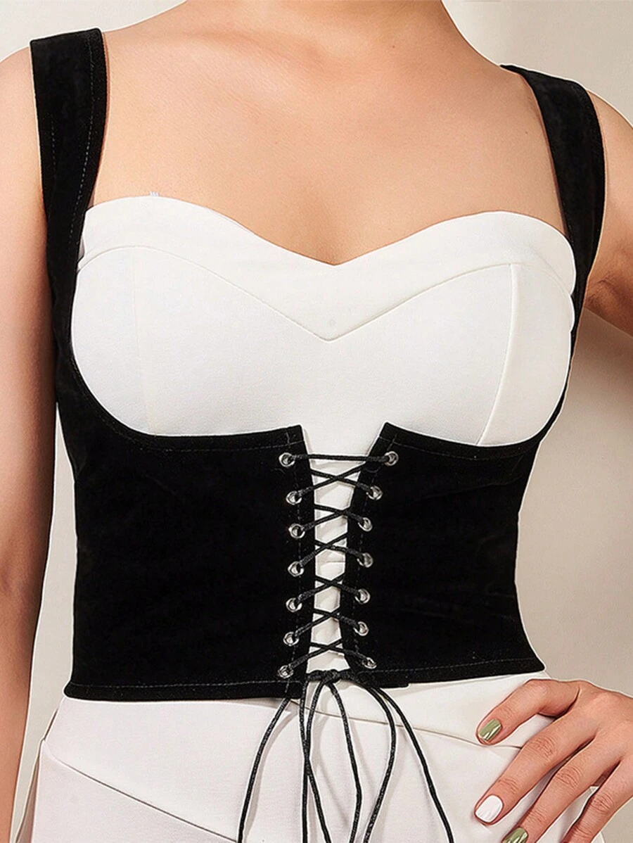 1pc Ladies' Hollow Out Thin Strap Corset Waistband With Suspenders For Street Fashion & Daily Wear, Pd576 - Black - View 1