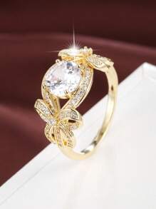 1個蝴蝶結形狀銅製和鋯石鑲嵌的優雅女士戒指 - 金色 - 查看 1