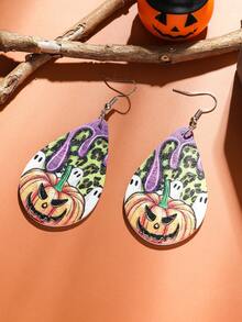 MESTILO 2pcs New Halloween Wooden Leopard Print Pumpkin & Ghost Dangle Earrings, Suitable For Women To Wear On Halloween - Colorful - View 1