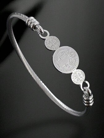 1pc Silver-Tone Stainless Steel Minimalist Style Bangle Bracelet With Three Circle Charms