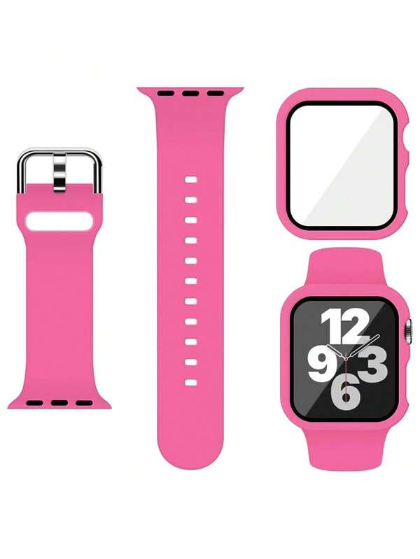 2 piezas Pulsera de reloj deportivo de silicona suave + Protector de pantalla de vidrio templado, compatible con Apple Watch de 38/40/41/42/44/45/46/49 mm Series Ultra/SE/1-10, rojo rosa
