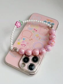 With Phone Charm Pink 1pc Electroplated Shockproof Phone Case With Cartoon Rabbit, Flower & Beaded Strap, Compatible With IPhone, Compatible With Samsung, Compatible With Xiaomi, Compatible With OPPO, Compatible With VIVO