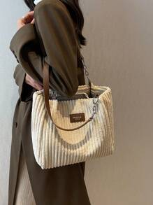 时尚大容量纯色毛绒单肩托特包，适合上学、旅行、购物、约会、女士礼物灯芯绒女士托特包时尚链条单肩包大容量毛绒手提包、书包、便携、大容量、轻便，适合少女、女大学生、大学、初中、高中、户外、旅行、郊游、工作、商务、通勤、女士托特包、大学必备品，与秋季服装完美搭配，女士秋季服装 - 米色 - 查看 5