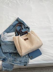 时尚大容量纯色毛绒单肩托特包，适合上学、旅行、购物、约会、女士礼物灯芯绒女士托特包时尚链条单肩包大容量毛绒手提包、书包、便携、大容量、轻便，适合少女、女大学生、大学、初中、高中、户外、旅行、郊游、工作、商务、通勤、女士托特包、大学必备品，与秋季服装完美搭配，女士秋季服装 - 米色 - 查看 3