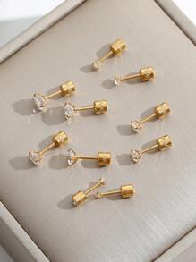 1 對男女圓形雙端方晶鋯石不銹鋼耳釘 - 金色 - 查看 1