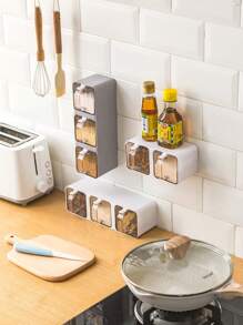 1pcWall Hanging Spice Box Kitchen Multi-Grid Storage Salt Msg Bottle Salt Shaker Jar Household Seasoning Pot - Grey - View 8