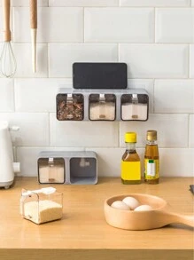 1pcWall Hanging Spice Box Kitchen Multi-Grid Storage Salt Msg Bottle Salt Shaker Jar Household Seasoning Pot - Grey - View 6