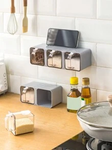 1pcWall Hanging Spice Box Kitchen Multi-Grid Storage Salt Msg Bottle Salt Shaker Jar Household Seasoning Pot - Grey - View 2