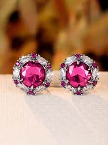 一对优雅的立方氧化锆耳钉，适合女性佩戴，适用于婚礼、订婚、周年纪念、派对、情人节等各种场合。 - 玫紅色 - 查看 2
