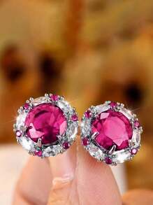 一对优雅的立方氧化锆耳钉，适合女性佩戴，适用于婚礼、订婚、周年纪念、派对、情人节等各种场合。 - 玫紅色 - 查看 1
