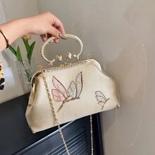 金色蝴蝶刺繡吻扣晚宴手拿包配金屬鏈和pu網,適用於婚禮,派對和舞會活動 - 金色 - 查看 1