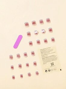 Transform Your Nails with 24pcs Short Square Blush French Heart Bow Decor Fake Nail & 1pc Nail File & 1sheet Tape - Red - View 2