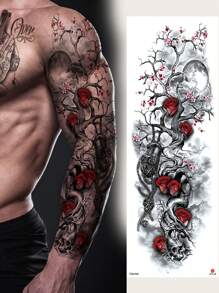 1 Pieza Tatuaje De Manga Completa Impermeable Grande Para Brazo/pierna/espalda Con Diseño De Flor De Cerezo/ Rosa Con Llave Y Cadena - Negro - Ver 1