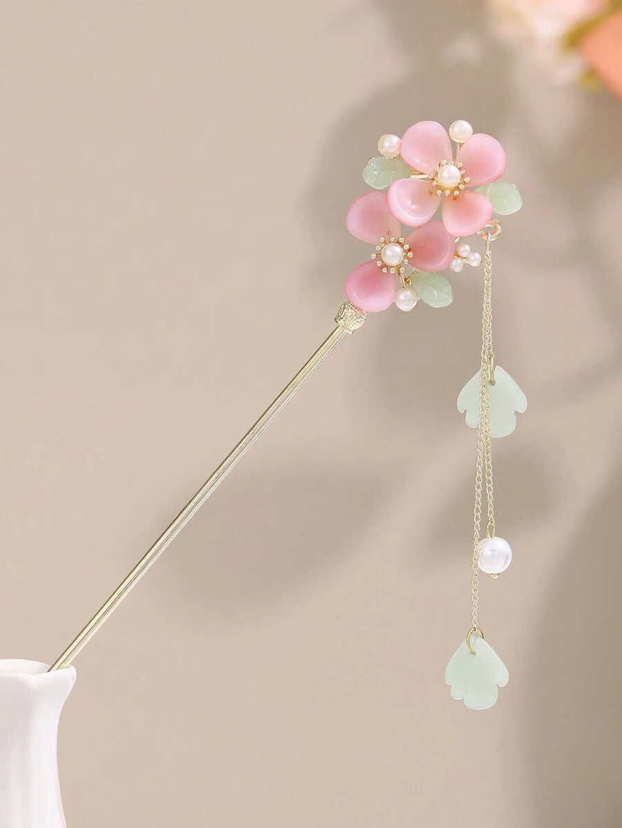 1 件女士粉色花朵裝飾流蘇髮夾,適合傳統服飾 - 粉色 - 查看 1