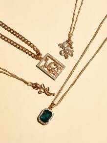 S0149 4個創意鑲嵌水晶的風龍和玫瑰吊墜項鍊套裝,多層項鍊套裝,節日珠寶禮物 - 金黃色 - 查看 2