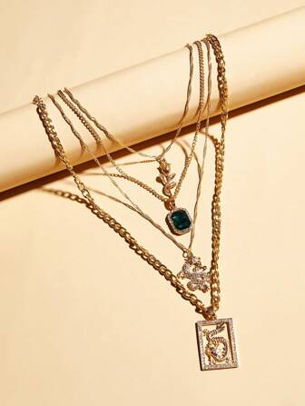 S0149 4pcs Creative Rhinestone Chinese Dragon And Rose Pendant Necklace Set For Women, Multilayer Necklace Set, Festival Jewelry Gift