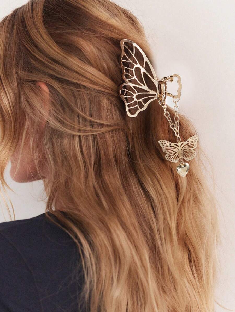 1 件蝴蝶形金屬鏤空吊墜髮夾用於髮型設計或裝飾 - 金色 - 查看 1
