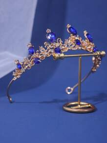 1pc Bride Simple & Exquisite Alloy Crown With Blue Rhinestones, Golden - Royal Blue - View 2