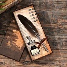 Vintage Style Gift Box Dip Pen & Feather Quill Ink Set, Creative Stationery Student Gift, Dip Ink Pen Back To School - Grey - View 1
