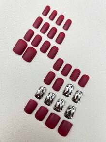 24 件法式簡約紅色磨砂水波紋圓形假指甲 + 1 件果凍膠 + 1 件指甲銼 - 彩色 - 查看 3